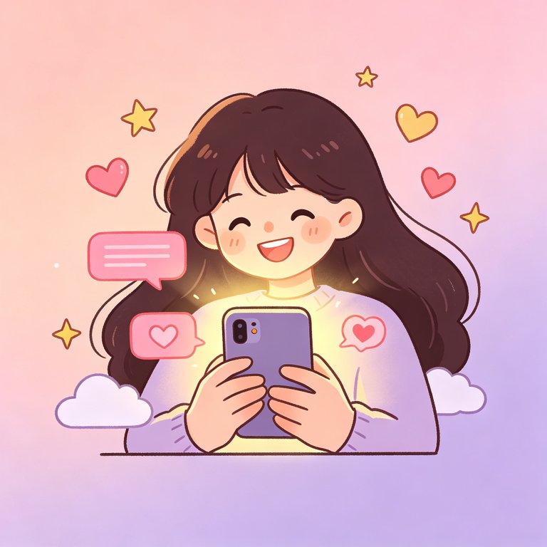 viggleai 产品介绍插画：女孩捧着手机与AI开心聊天